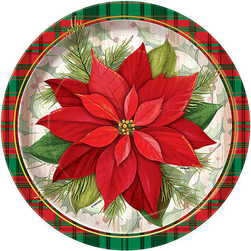 Platos de papel de 9" - Poinsettia a cuadros (8 unidades) - Unique