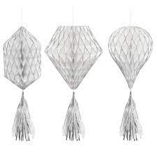 12" Honeycomb Decorations - White & Silver (3ct)