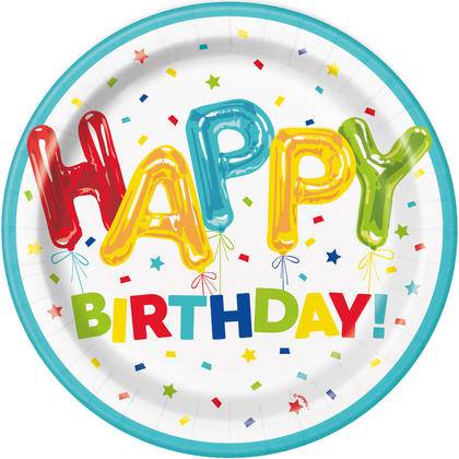 9" Happy Balloon Birthday Paper Plates (8 Count) - Unique