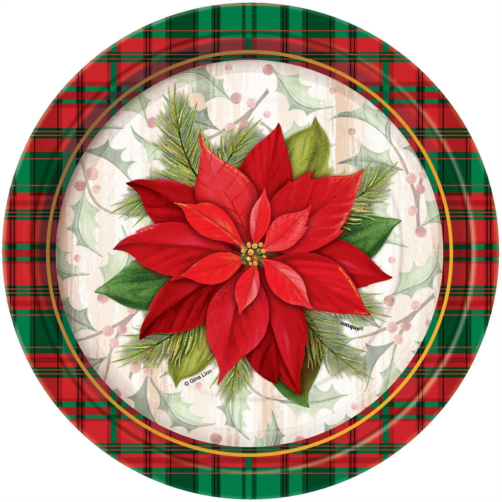7" Paper Plates - Poinsettia Plaid (8ct) - Unique
