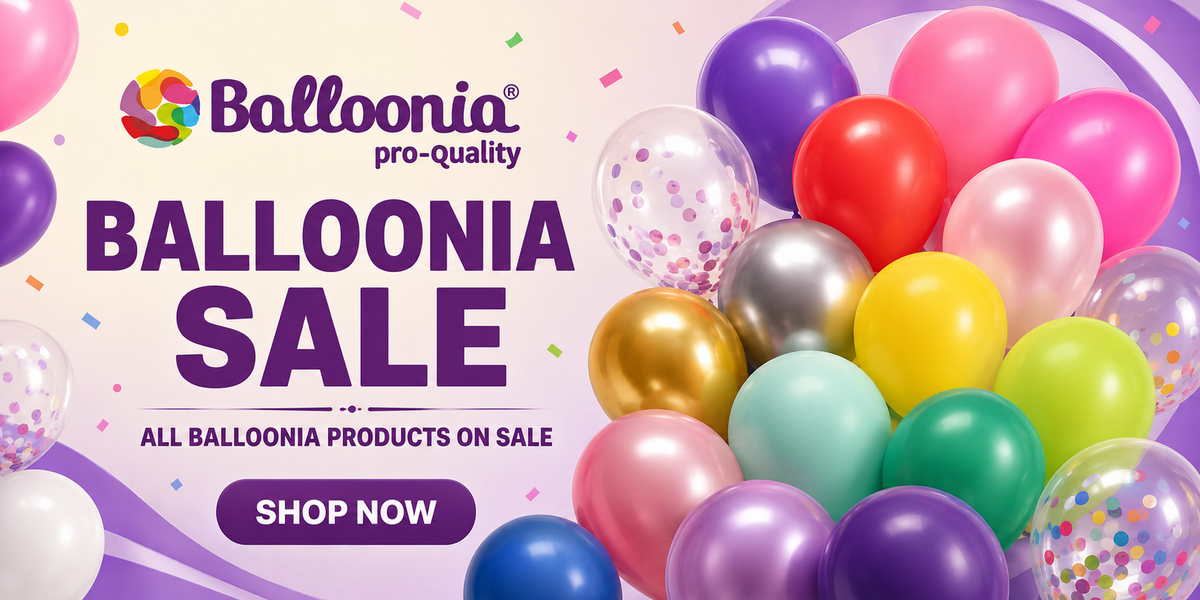 Promotional banner for Balloonia Pro-Quality featuring a sale message, a 'Shop Now' button, and a cluster of colorful balloons including pink, purple, gold, yellow, green, and clear balloons with confetti inside, set against a light pink and purple background.