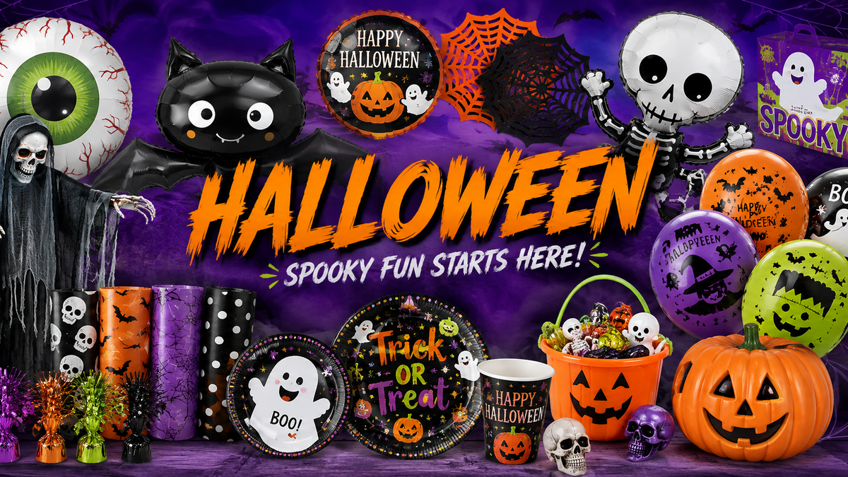 A Halloween-themed party decoration and tableware set featuring a black cat balloon, skeleton balloon, eyeball balloon, pumpkin lanterns, plates, cups, and cups with spooky graphics, arranged on a purple background with the text 'HALLOWEEN' and 'SPOOKY FUN STARTS HERE!'.