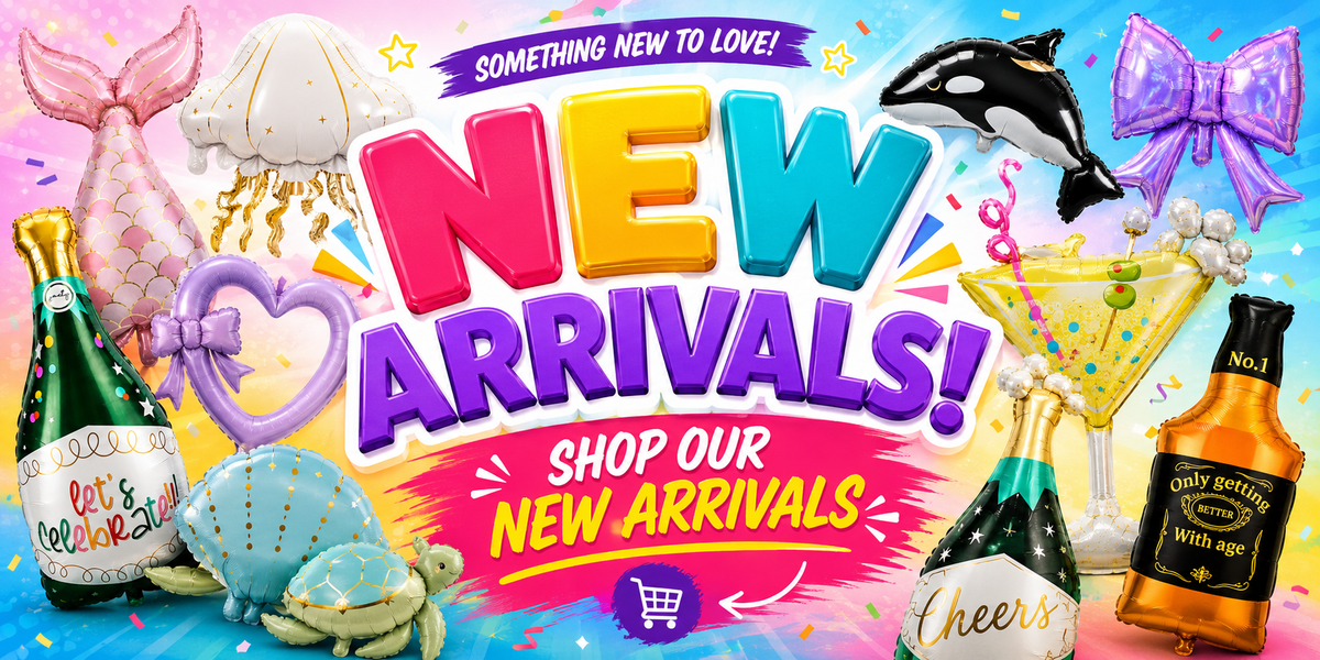 A colorful promotional banner with the text 'NEW ARRIVALS!' and 'SHOP OUR NEW ARRIVALS' over a party-themed background. The graphic includes illustrated balloons, a mermaid tail, an orca, a purple bow, a cocktail glass, bottles, and other party decorations.