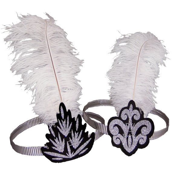 Flapper Headband - Black and Silver with White Feather