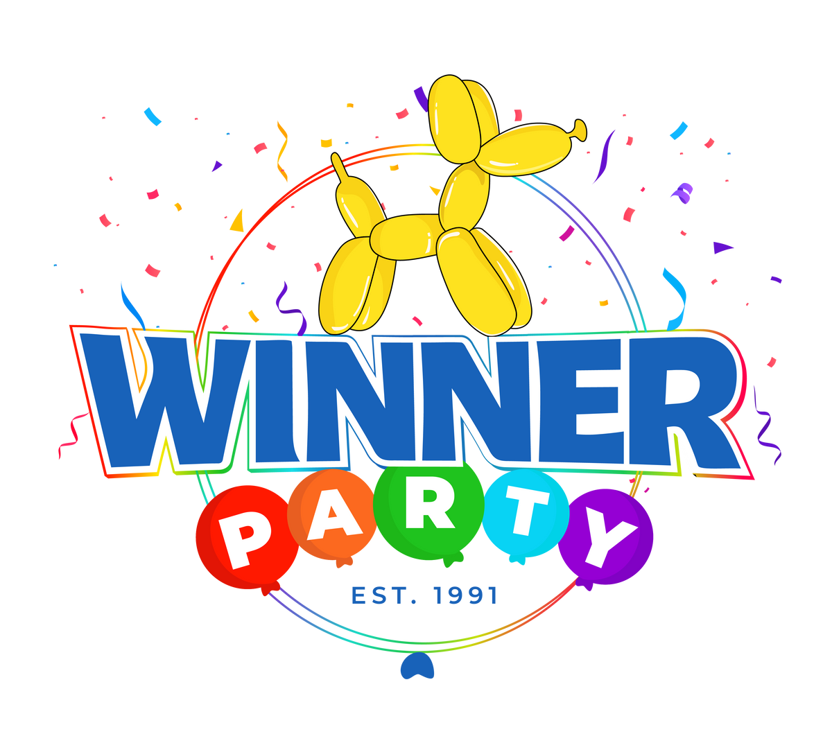 Colorful logo for 'Winner Party' with a balloon dog and confetti on a white background