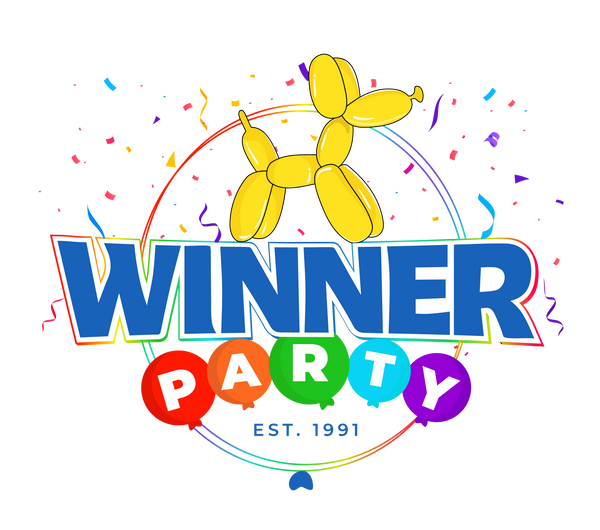 Colorful logo for 'Winner Party' with a balloon dog and confetti on a white background